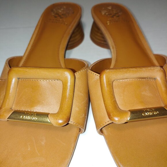 Vince Camuto Ladea Slip On Leather Buckle Sandals Golden Walnut Brown Sz 8.5 - Picture 5 of 10